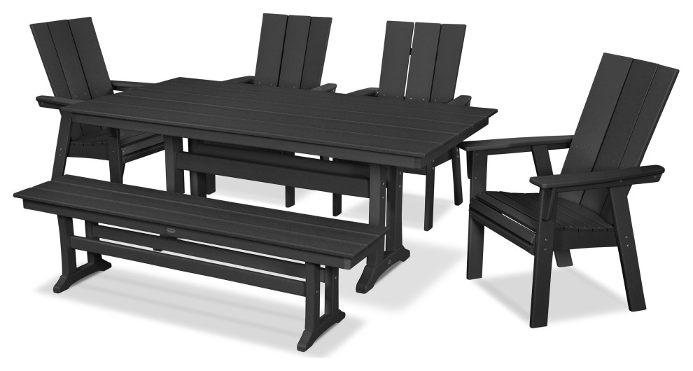 POLYWOOD Modern Adirondack 6 Piece Farmhouse Dining Set With Bench   Transitional   Outdoor Dining Sets   by POLYWOOD  Houzz