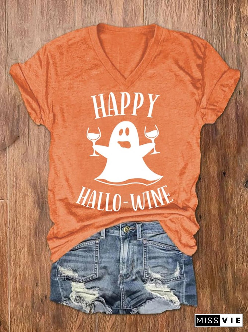 Women's Funny Happy Hallowine Spooky Casual V-Neck Tee