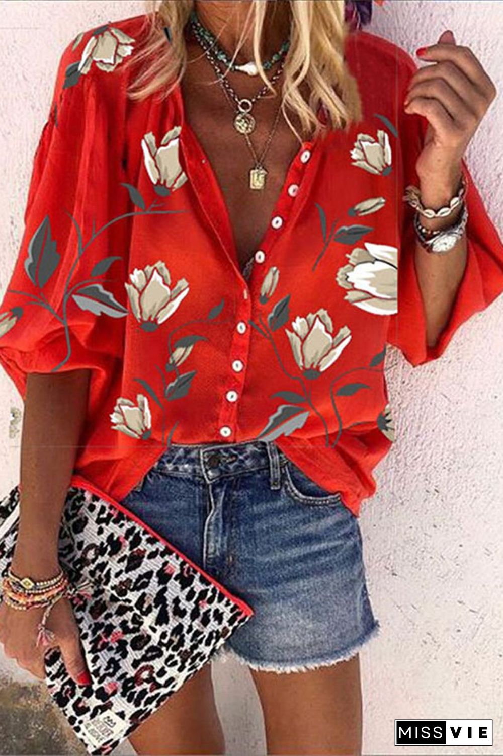 Floral Print Casual V-Neck Blouse