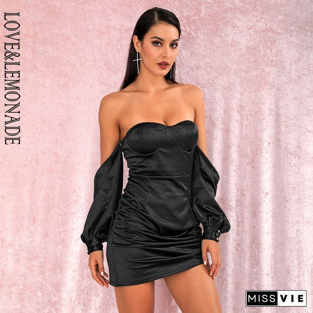 Sexy Black Off-The-Shoulder Tube Top Loose Sleeves Smocked Tiestring Bodycon Mini Party Dress LM81972