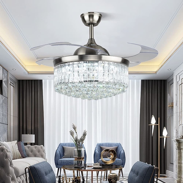 Crystal Ceiling Fan with Light Remote Control Chandelier Retractable Fandelier， Luxury 3 Color Lighting for Dining Room Shopping - The Best Deals on Ceiling Fans | 41540798