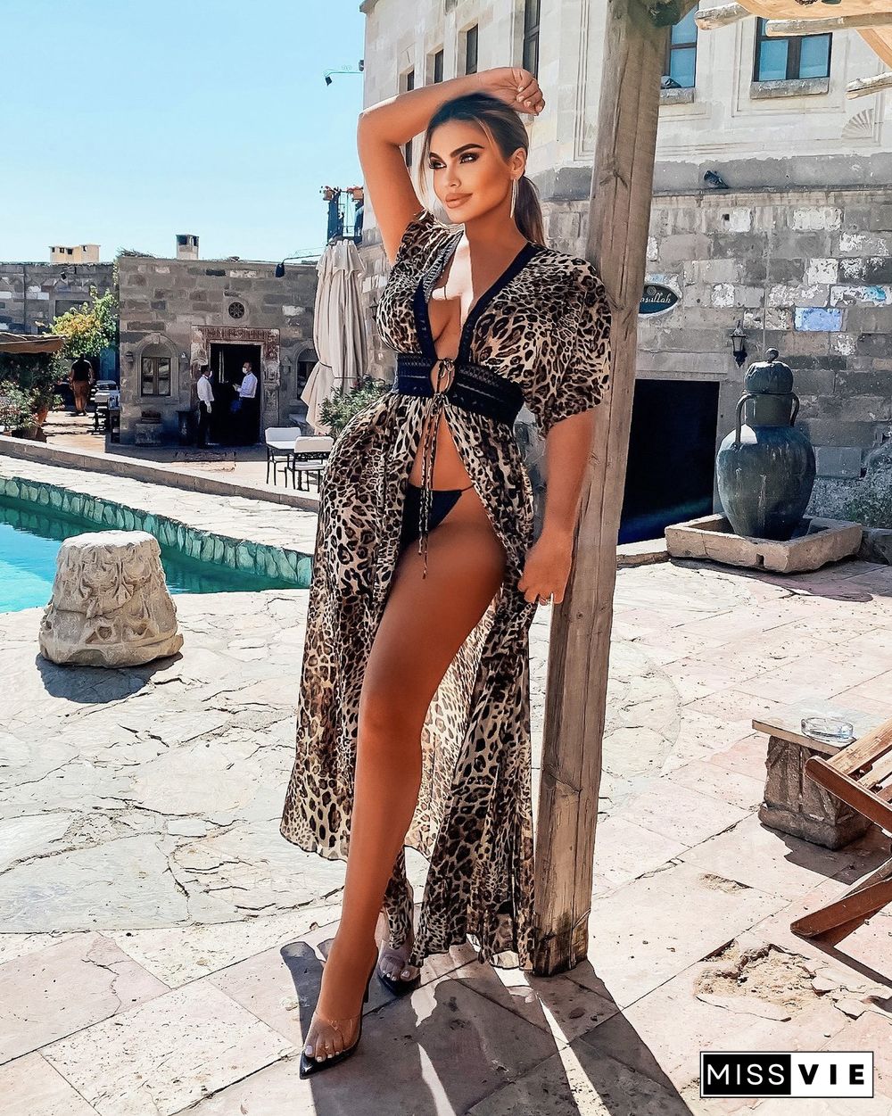 Fashion Leopard Print Chiffon Short Sleeve Deep V Neck Lace Patchwork Waist Lace Up Beachwear Long Dress