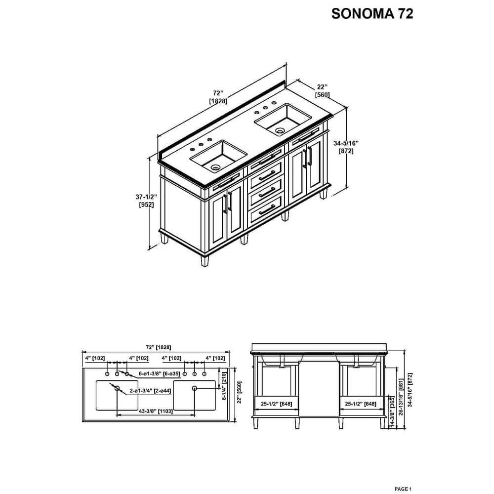 Home Decorators Collection Sonoma 72 in W x 221 in D x 343 in H Freestanding Bath Vanity in White with Carrara Marble Marble Top