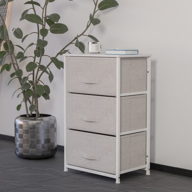 Flash Furniture 3 Drawer Wood Top Cast Iron Frame Vertical Storage Dresser With Easy Pull Fabric Drawers