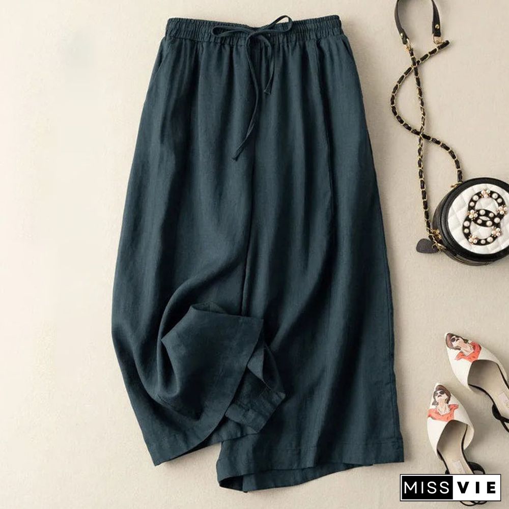 Dropping cotton and linen cropped wide-leg pants