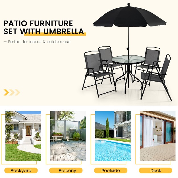 Costway 6 Pcs Patio Dining Set Folding Chairs Glass Table Tilt Umbrella Garden