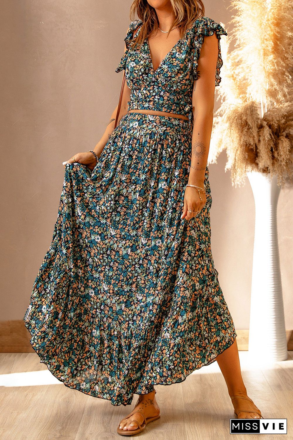 Multicolor Floral Ruffled Crop Top and Maxi Skirt Set