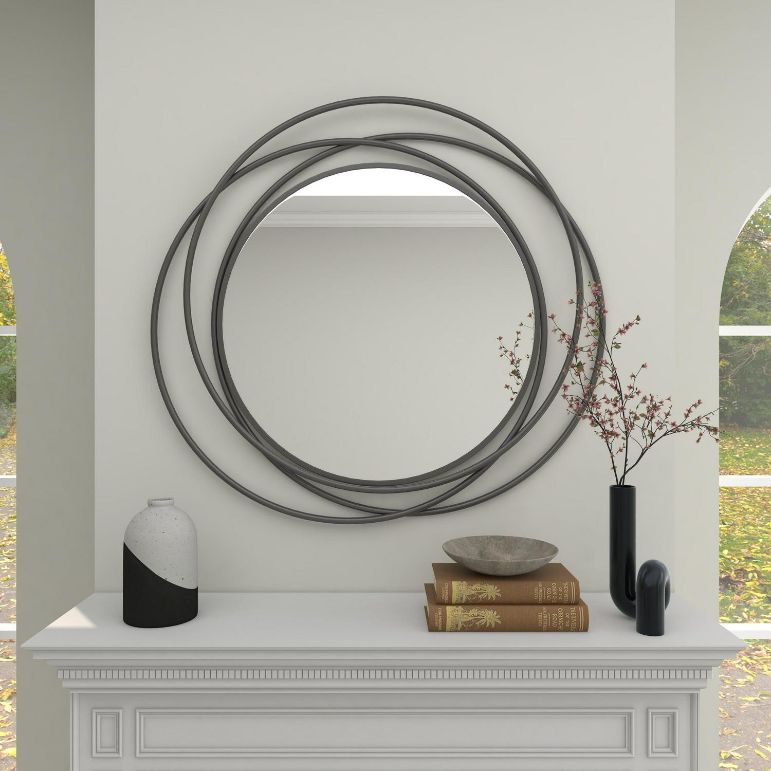 DecMode Gray Modern Metal Wall Mirror with Overlapping Rings Frame， 42 W x 40 H