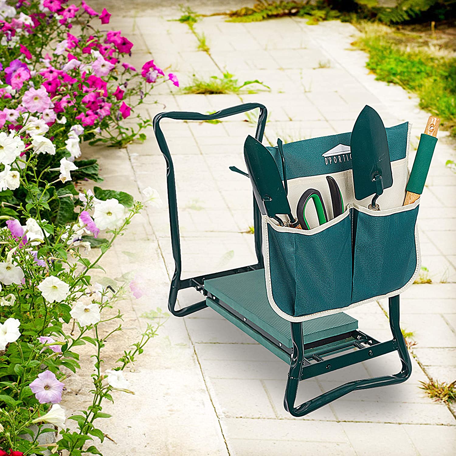 Karmas Product Folding Garden Kneeler Seat Portable Bench Stool with Soft Kneeling Foam Pad Cushion and Tool Pouch for Gardening