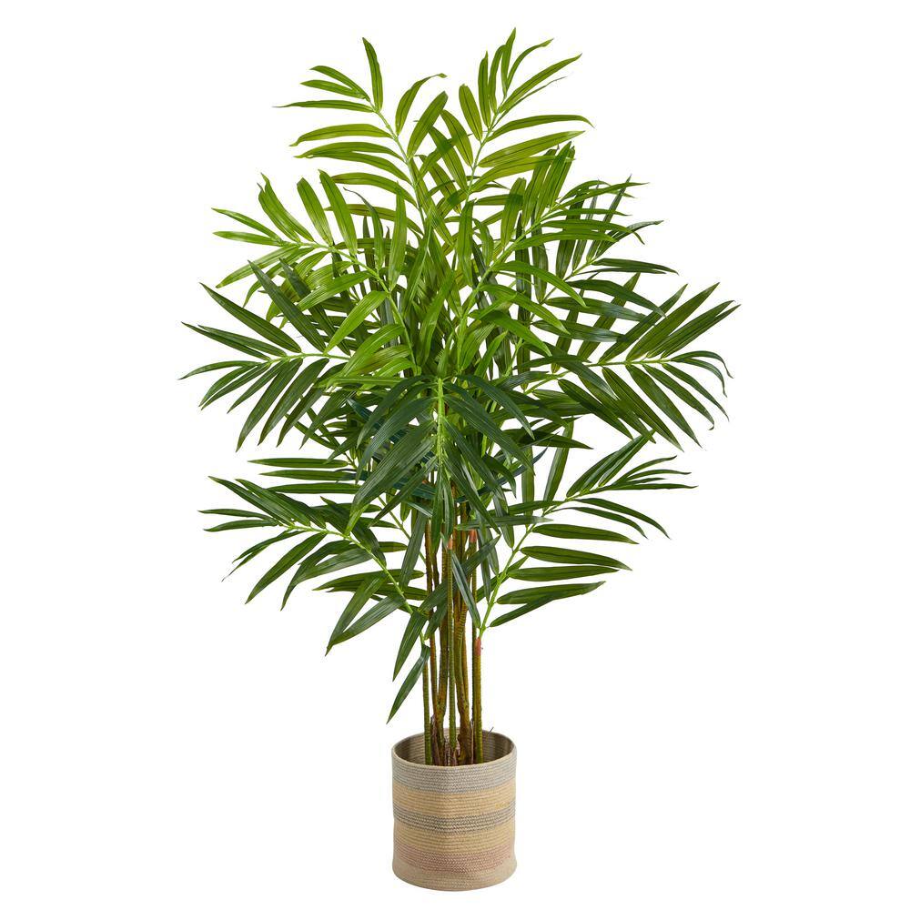 Nearly Natural 8 ft. Green King Palm Artificial Tree in Handmade Natural Cotton Multicolored Woven Planter T2990