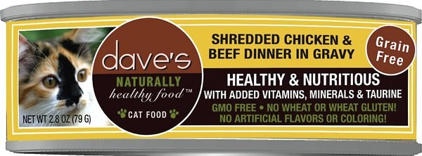 Dave's Pet Food Shredded Chicken and Beef Dinner in Gravy Recipe Wet Cat Food， 2.8-oz can， case of 24