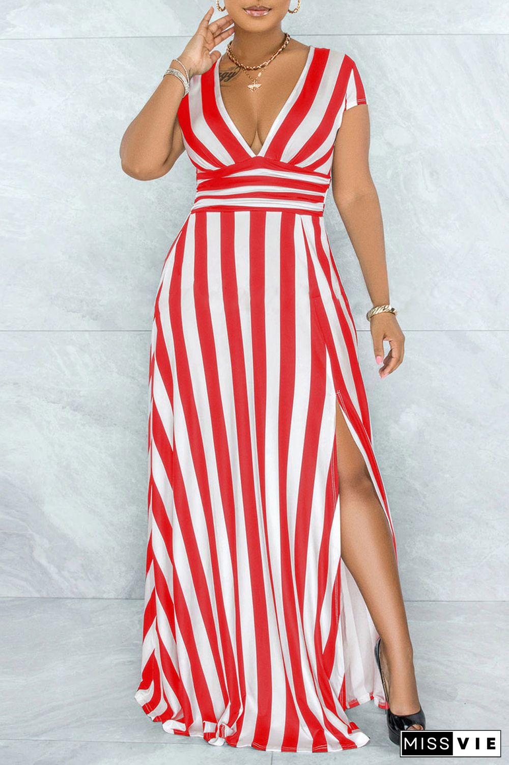 Black Sexy Striped Print Patchwork Slit V Neck A Line Dresses