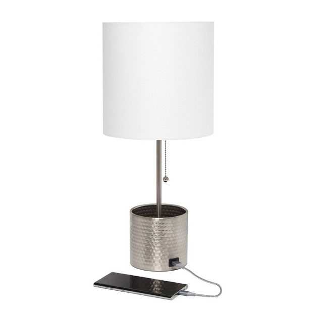 Hammered Metal Organizer Table Lamp With Usb Charging Port And Fabric Shade Simple Designs