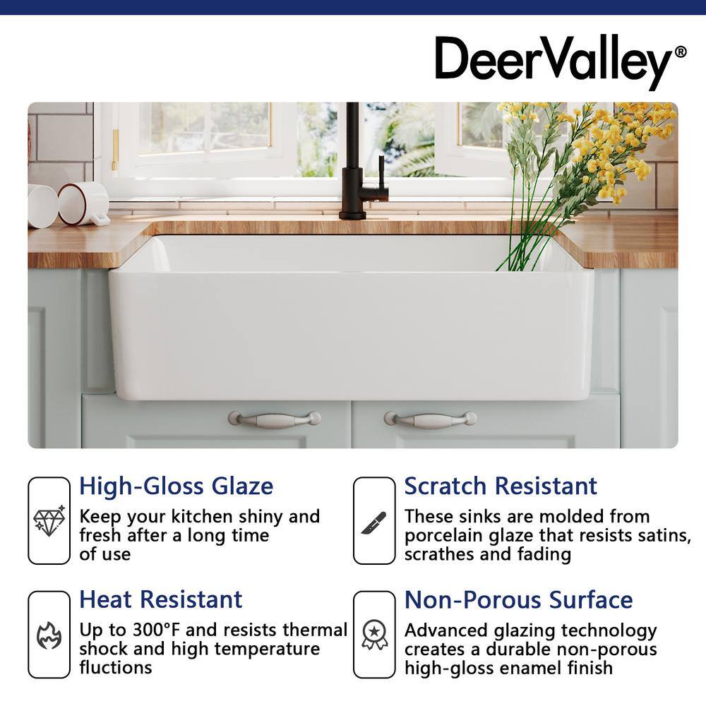 DEERVALLEY DeerValley Feast White Ceramic 33 in. L Rectangular Single Bowl Farmhouse Apron Kitchen Sink with Grid and Strainer DV-1K119