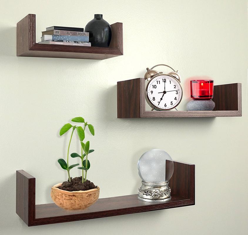 Greenco Set of 3 Floating U Shelves, Walnut Finish Floating Storage Shelves for Wall - Wall Shelf Mount Sets