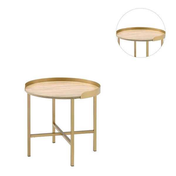 Round Wood End Table Table with Metal Base in Oak and Gold Finish