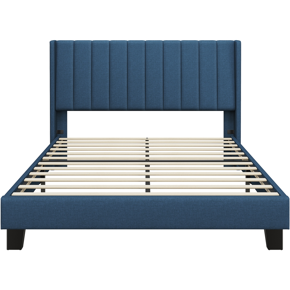 Alden Design Upholstered Platform Queen Bed with Channel Stitching, Navy Blue