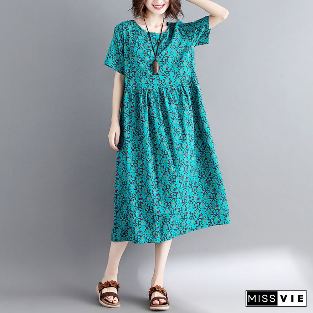 Elegant green print cotton linen maxi dress trendy plus size short sleeve long dresses New o neck clothing dresses