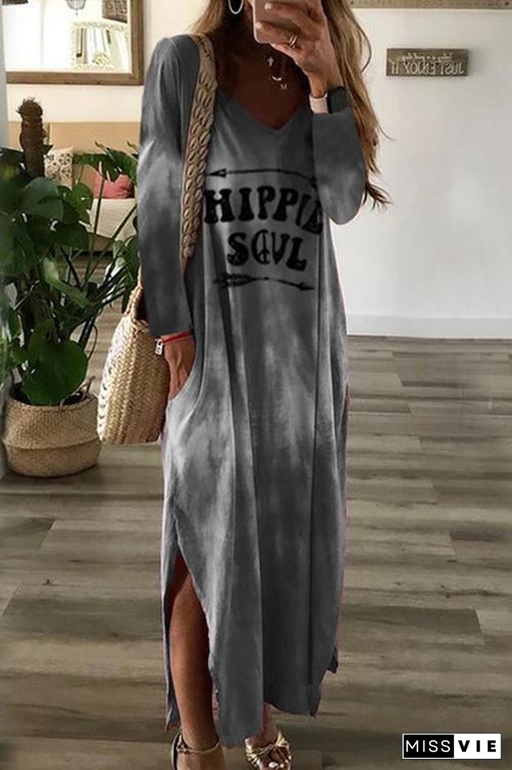 Letter Side Slit Long Sleeve Maxi Dress