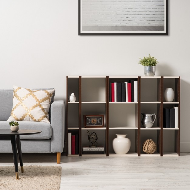 Space Saving Cube Organizer With Height Adjustable Narrow Shelves， Walnut Brown