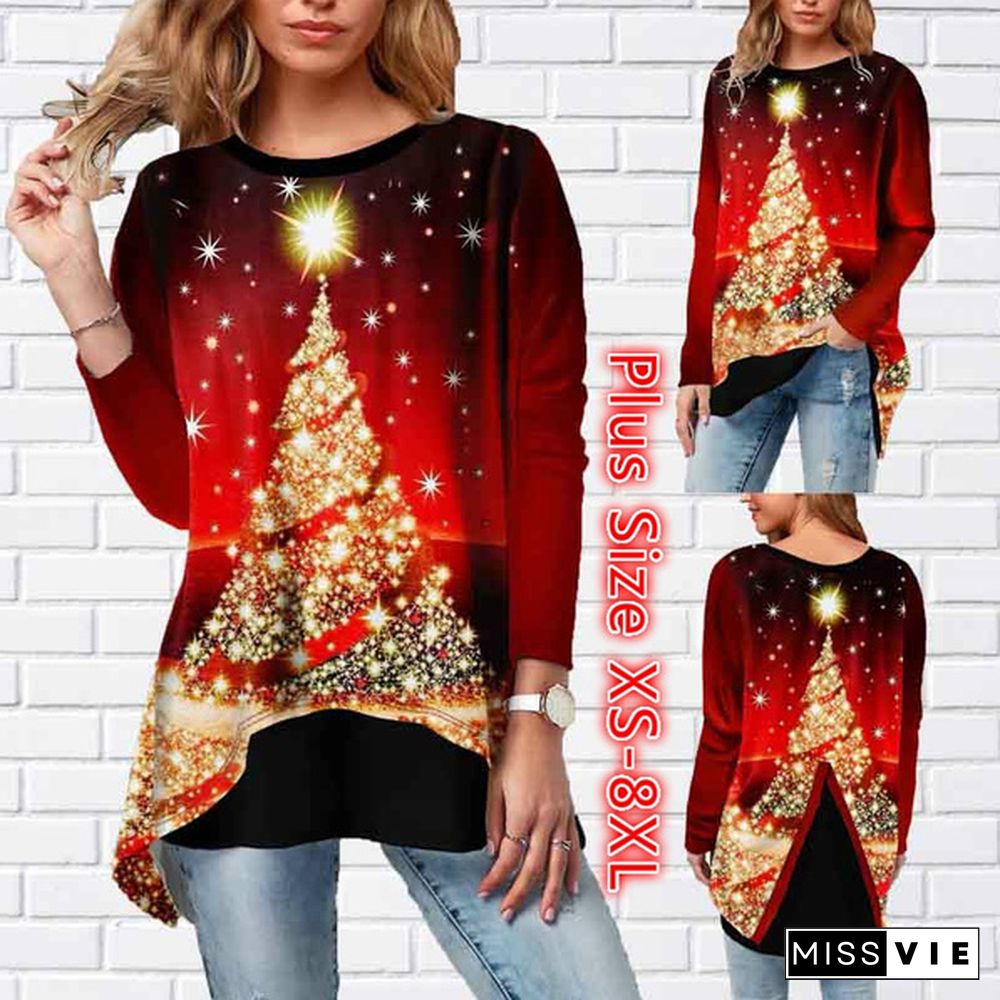 Women Christmas Loose Tops Casual Long Sleeve Round Neck Solid Color Long Shirts Tops Dress Plus Size XS-8XL