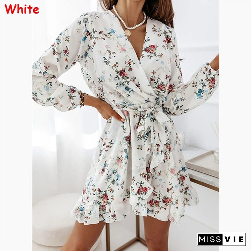 Fall Fashion Floral Print V-neck Long Sleeve Slim Mini Dress Ladies Elegant Vestidos