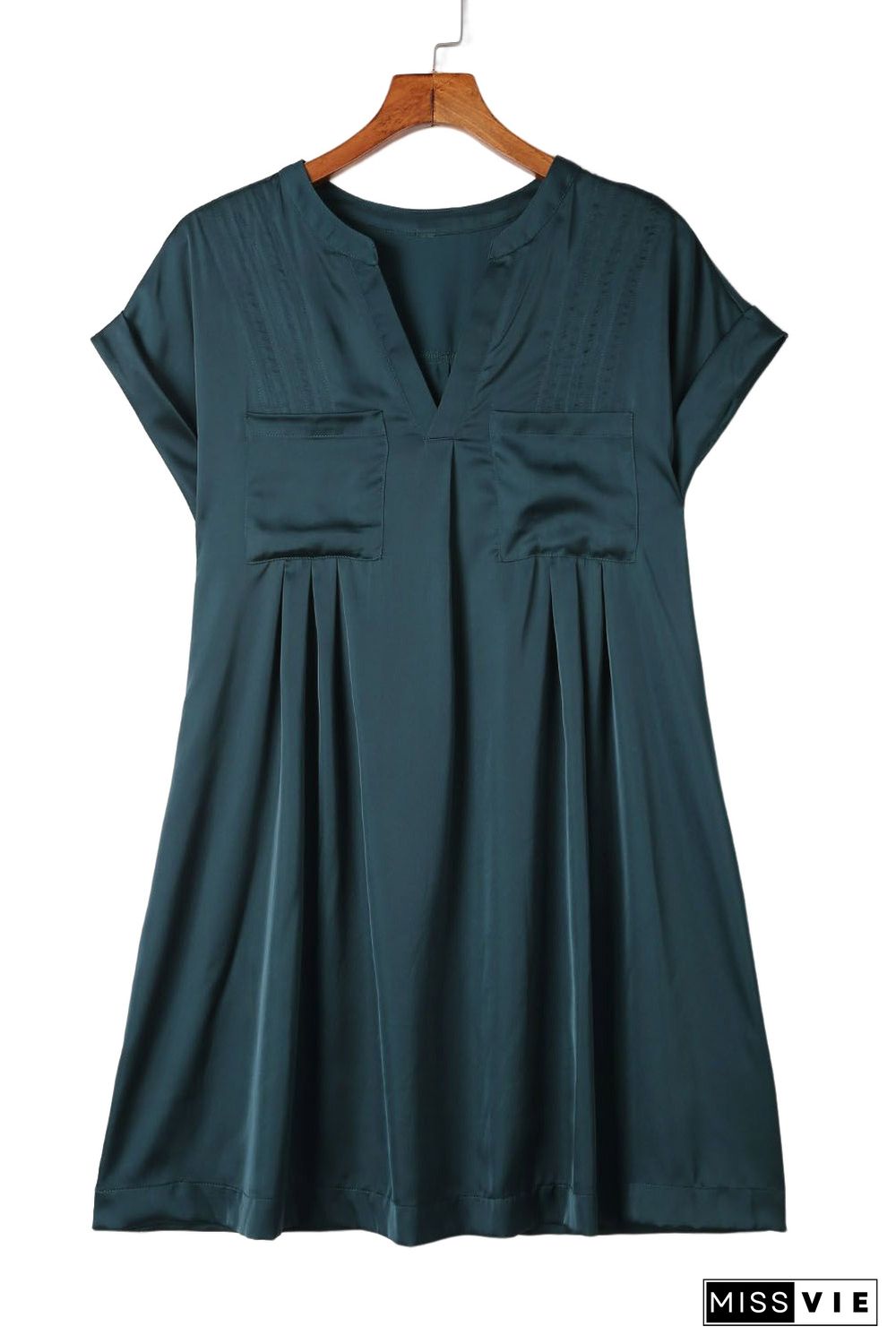 Green Notched Neckline Cuffed Short Sleeve Shift Dress