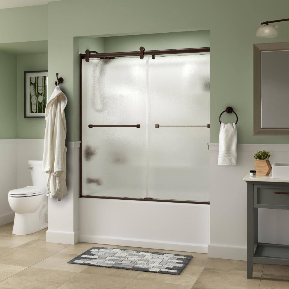 Delta Everly 60 in. x 58-18 in. Contemporary Semi-Frameless Sliding Bathtub Door in Bronze and 14 in. (6mm) Rain Glass SD3226614