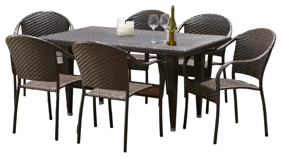 GDF Studio 7 Piece Livingston Outdoor Wicker Dining Set   Tropical   Outdoor Dining Sets   by GDFStudio  Houzz