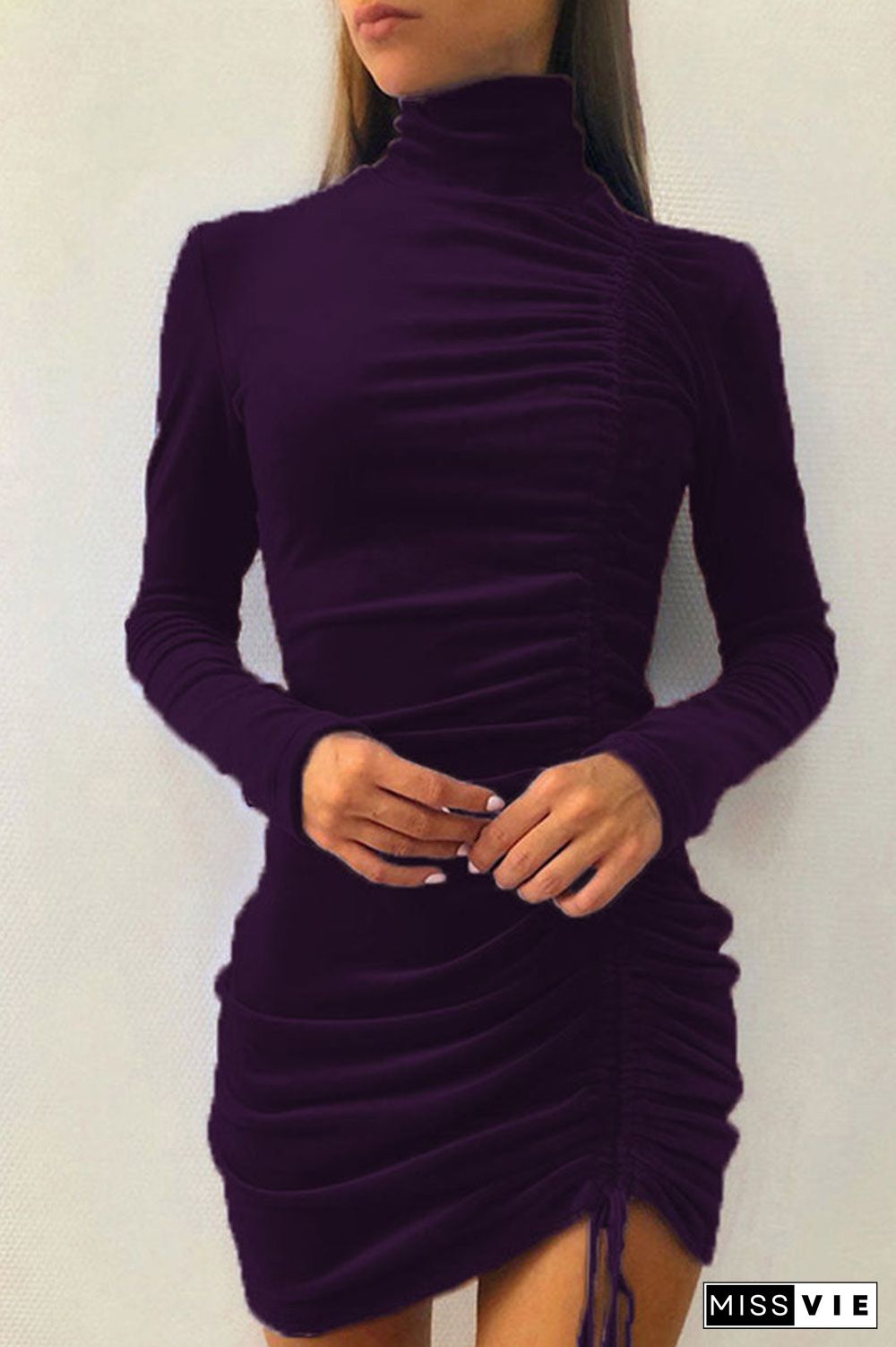 Sexy Elegant Solid Draw String Half A Turtleneck Wrapped Skirt Dresses(8 Colors)