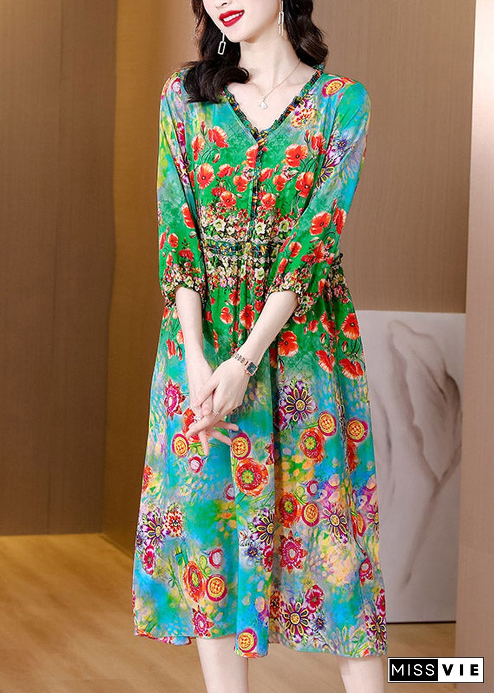 Loose V Neck Print Wrinkled Silk Long Dresses Half Sleeve