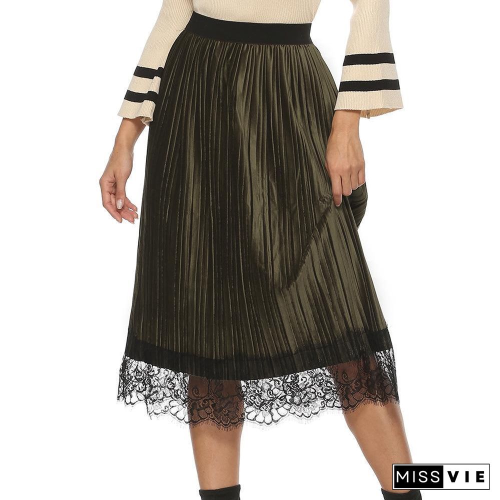 Fashion Pleated Lace Joint Velvet Skirt