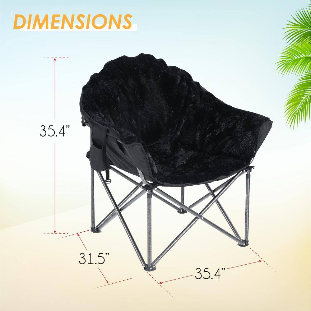 PHI VILLA Folding Luxury Plush Moon Camping Chair Heavy-Duty Saucer Chair With Carrying Bag Soft Black Pedded Outdoor and Indoor THD-E01CC0401-00409