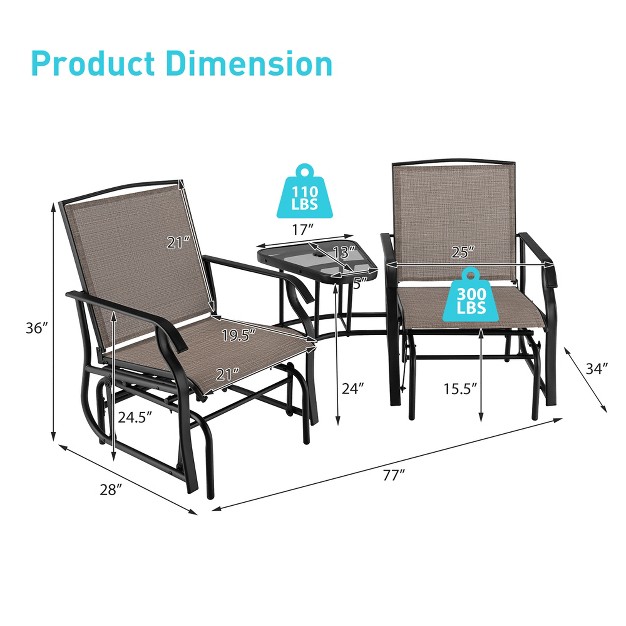 Costway Double Swing Glider Chair Rocker Glass Table Umbrella Hole Turquoise brown black