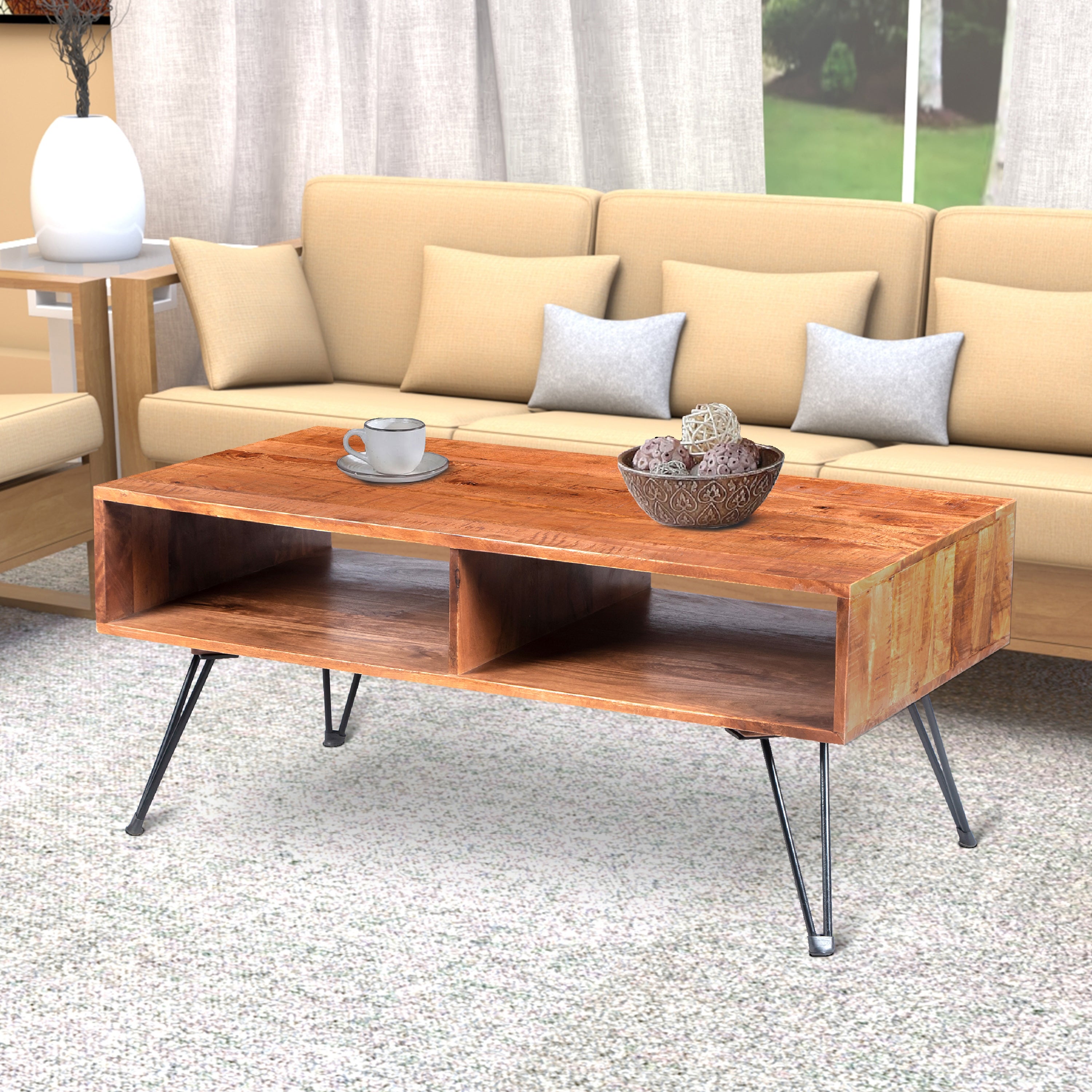 42 Inch Handcrafted Mango Wood Coffee Table with Metal Legs， Brown