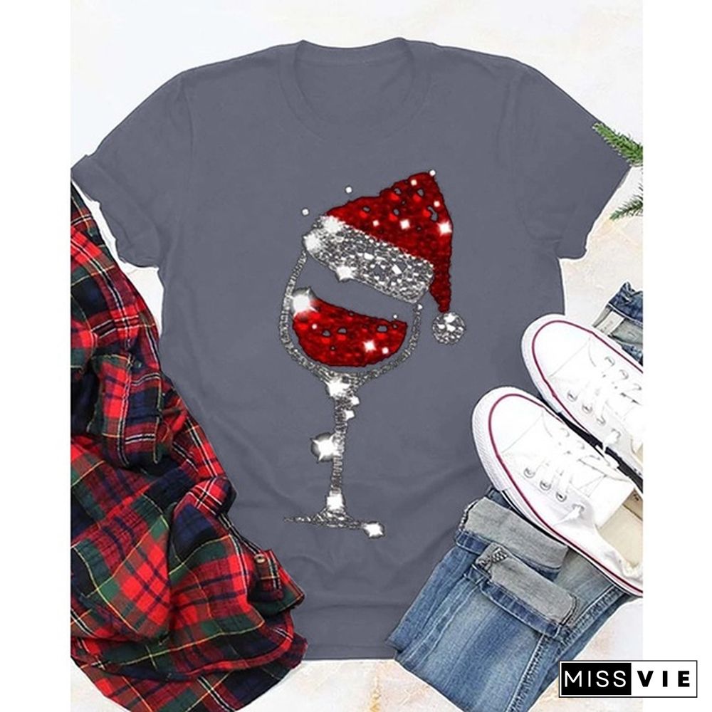 Merry Christmas New Women Fashion Casual Christmas Hat Print Short Sleeves Tee Shirts Graphic Holiday Celebration Top Plus Size