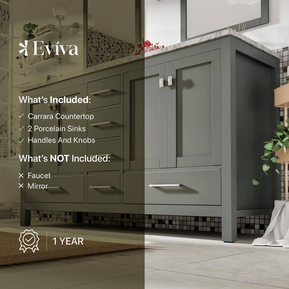 Eviva London 60 in. W x 18 in. D x 34 in. H Double Bathroom Vanity in Gray with White Carrara Marble Top with White Sinks TVN414-60X18GR