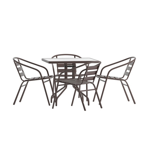 Emma And Oliver 31 5 x27 x27 Square Glass Top Metal Table With 4 Aluminum Slat Stack Chairs