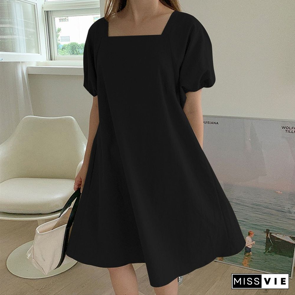 Oversized Women Retro Loose Party Solid Cotton Short Sleeve Sundress Elastic Cuff Mini Shirt Dress