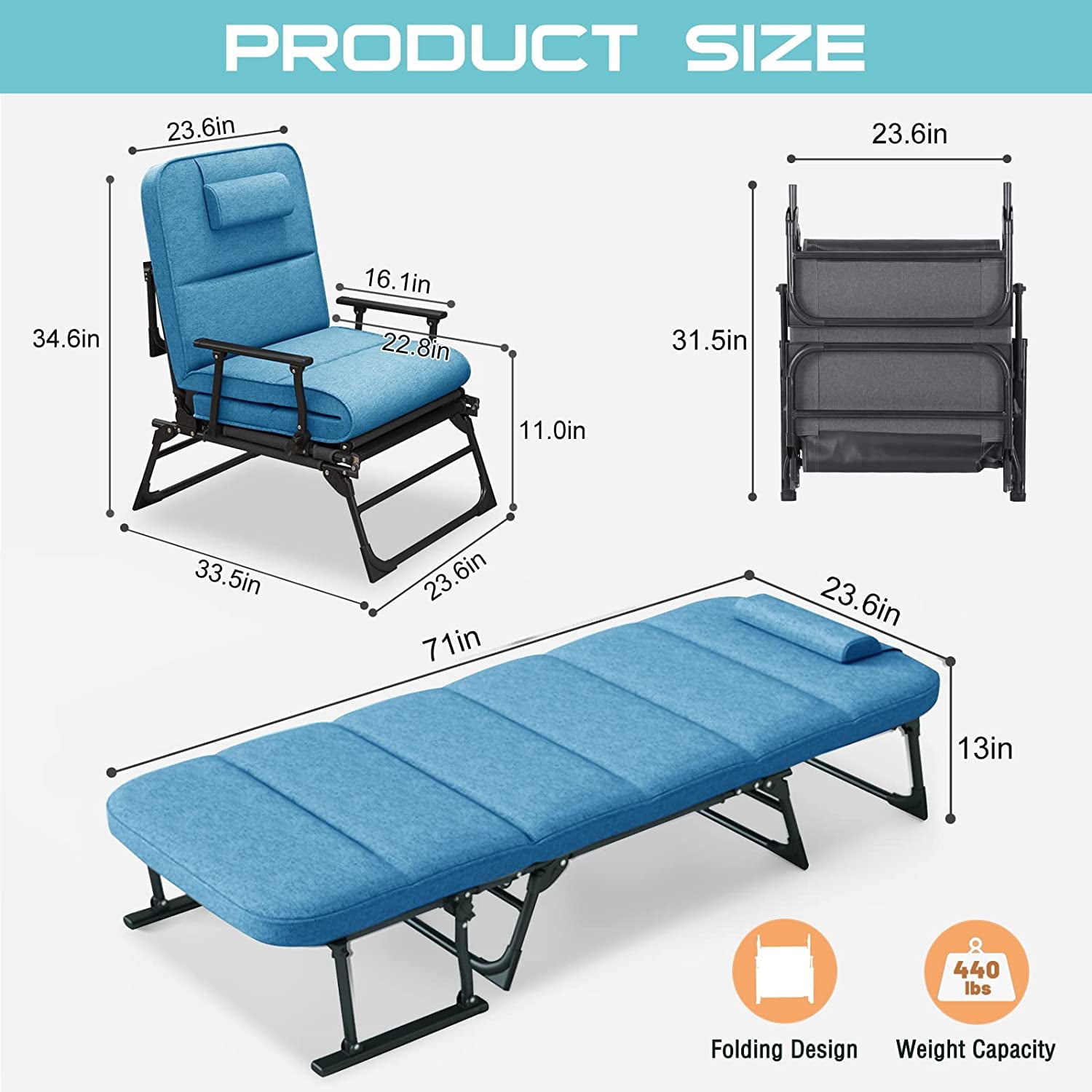 Slsy 3 in 1 Folding Camping Cot with Mattress and Pillow， Folding Cot Sleeping Cots for Adults， Adjustable 6 Position Convertible Sleeper Chair Bed