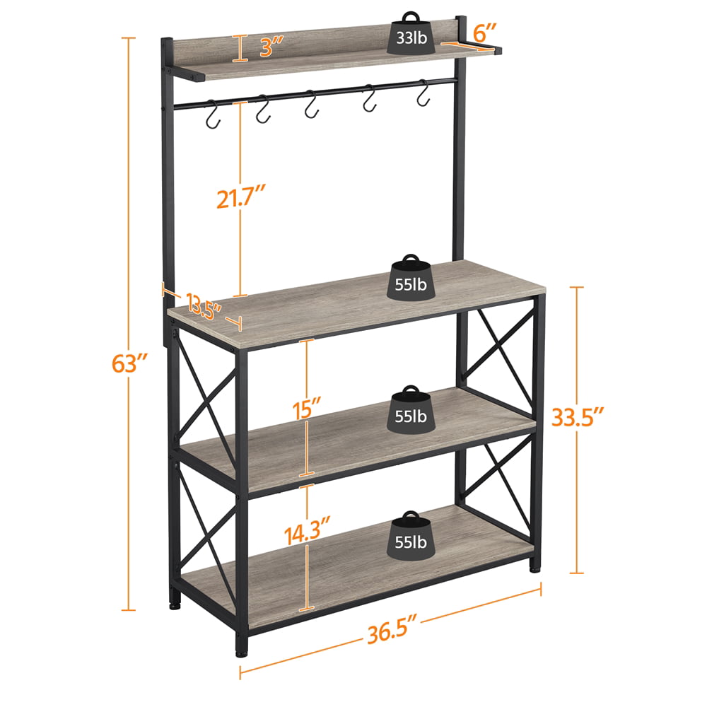 SmileMart 4-Tier Bakers Rack Kitchen Storage Shelf with S-Hooks， Gray