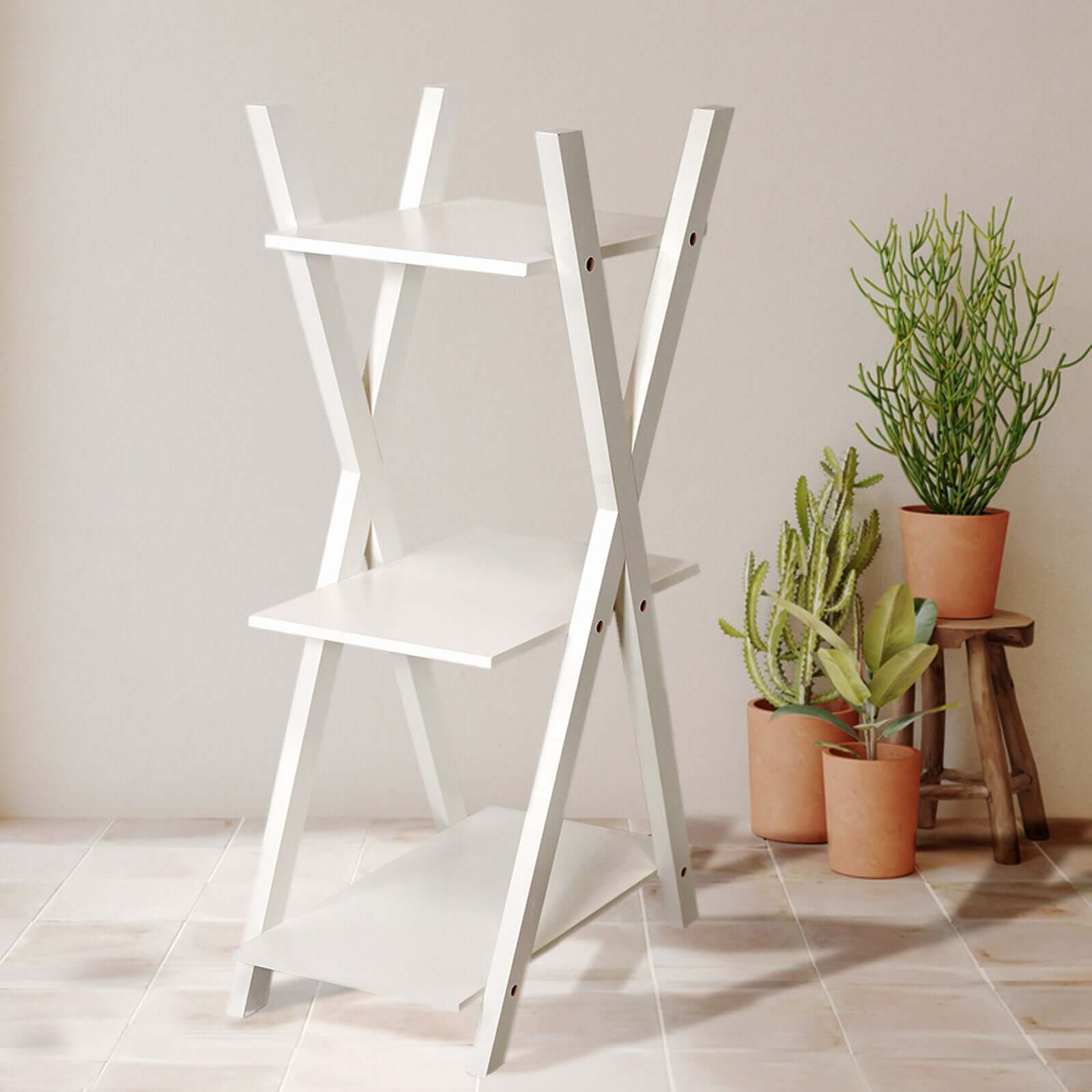 3-Tier White Wooden Plant Stand, X-Frame Display Shelf Accent Rack 44