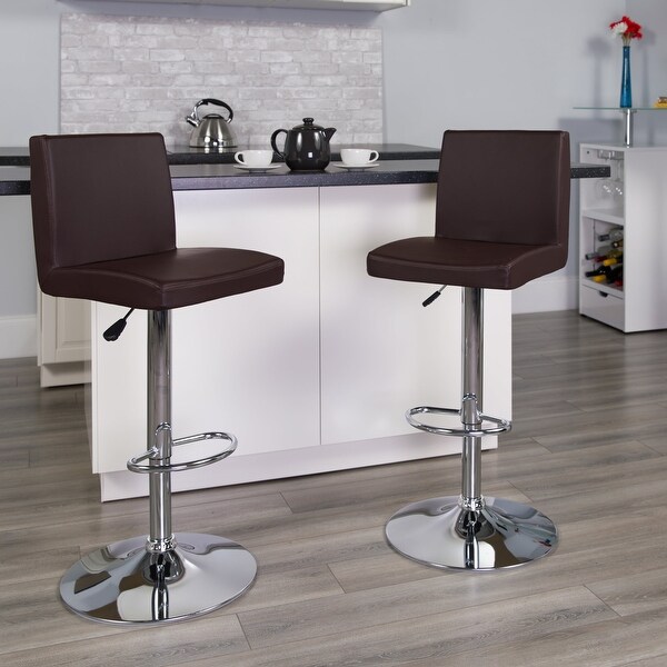 2 Pk. Contemporary Brown Vinyl Adjustable Height Barstool with Panel Back and Chrome Base