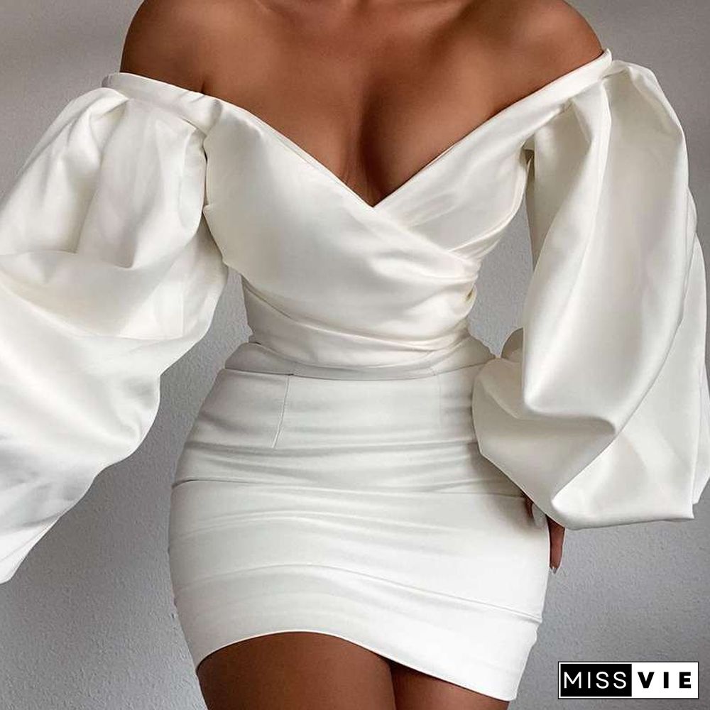 White Sexy Solid Backless V Neck Long Sleeve Dresses