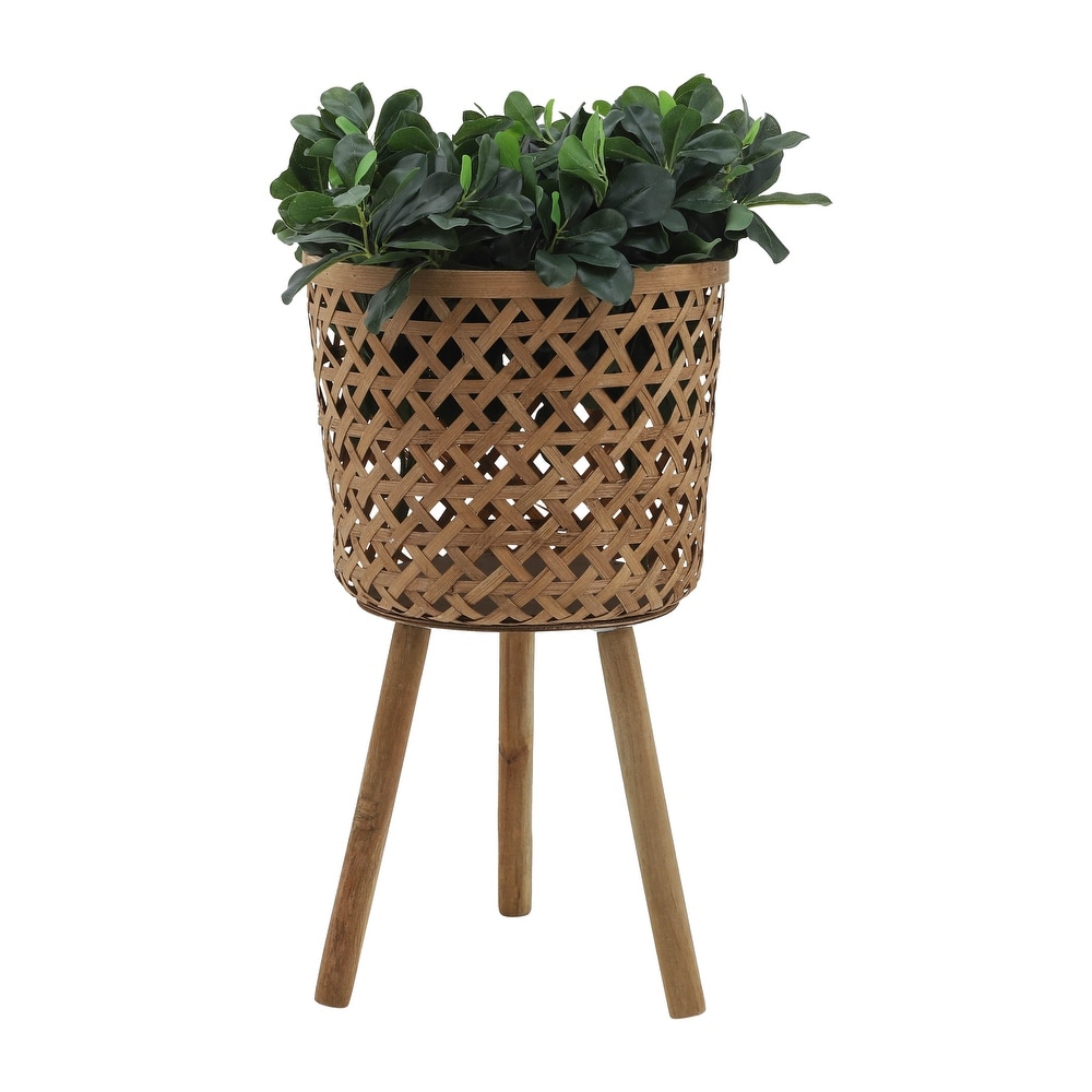 Natural Bamboo Wood Handmade Planters on Leg Stands (Set of 3)