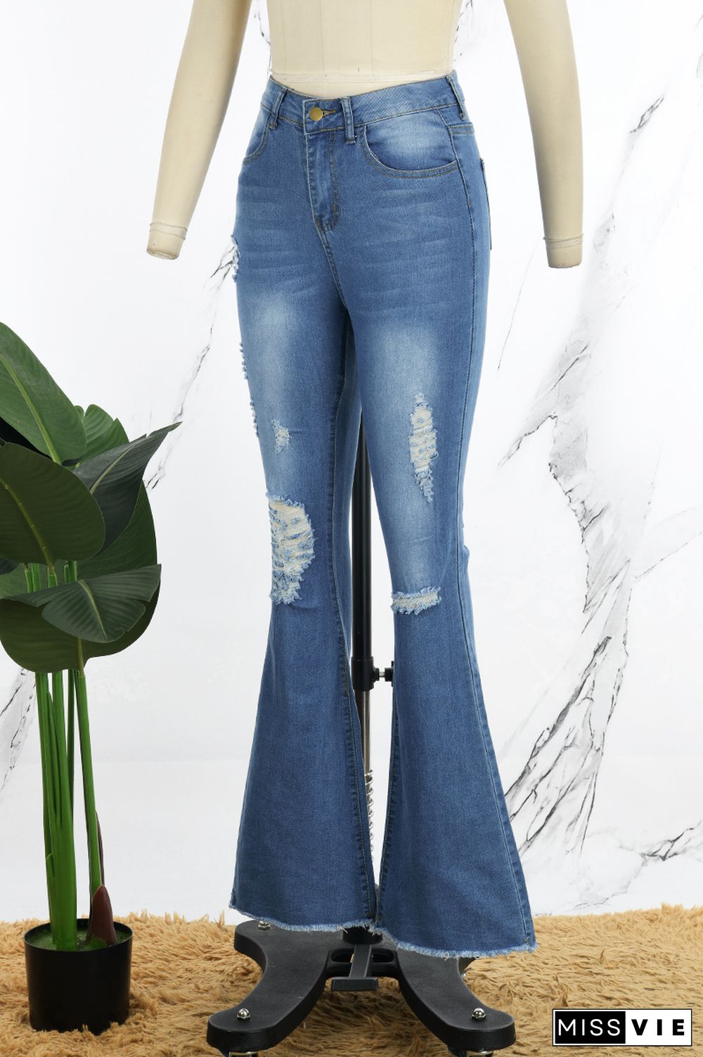 Fashion Casual Solid Ripped High Waist Regular Denim Jeans