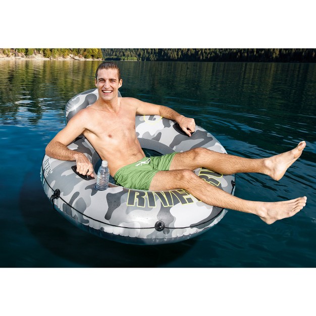 Intex 56835ep River Run I Camo Inflatable Floating Towable Water Tube Raft With Cup Holders And Handles For River Lake Or Pools Gray Camo