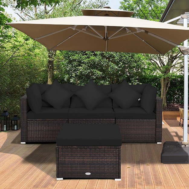 Costway 4pcs Patio Rattan Furniture Set Sofa Ottoman Cushion Garden Deck Black