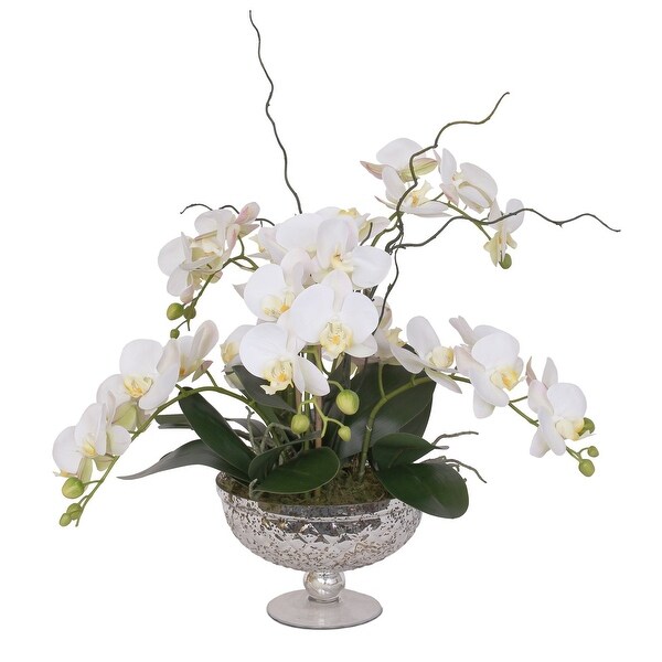 Real Touch White Orchid Flower Arrangement in Round Silver Glass Bowl