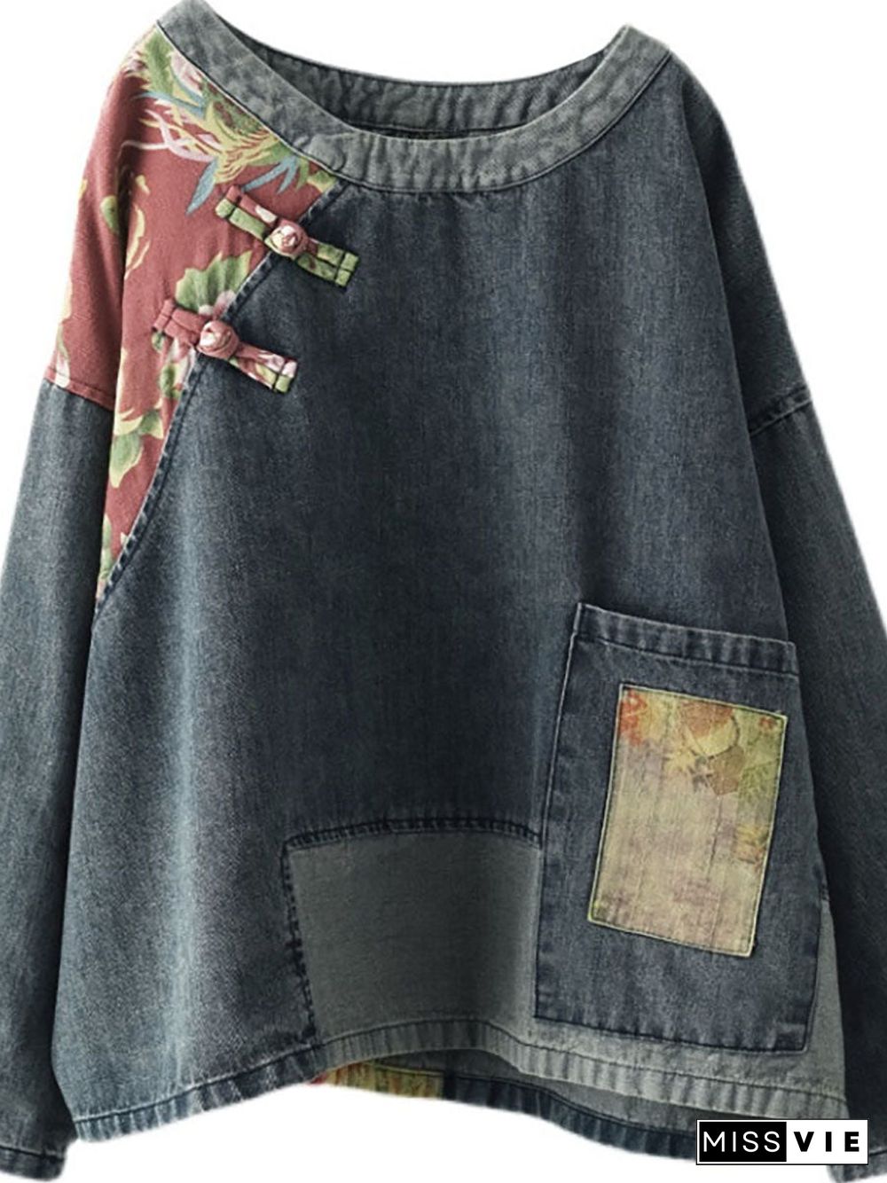 Women Retro Stitching Patchwork Print Floral Denim Sweatshirt